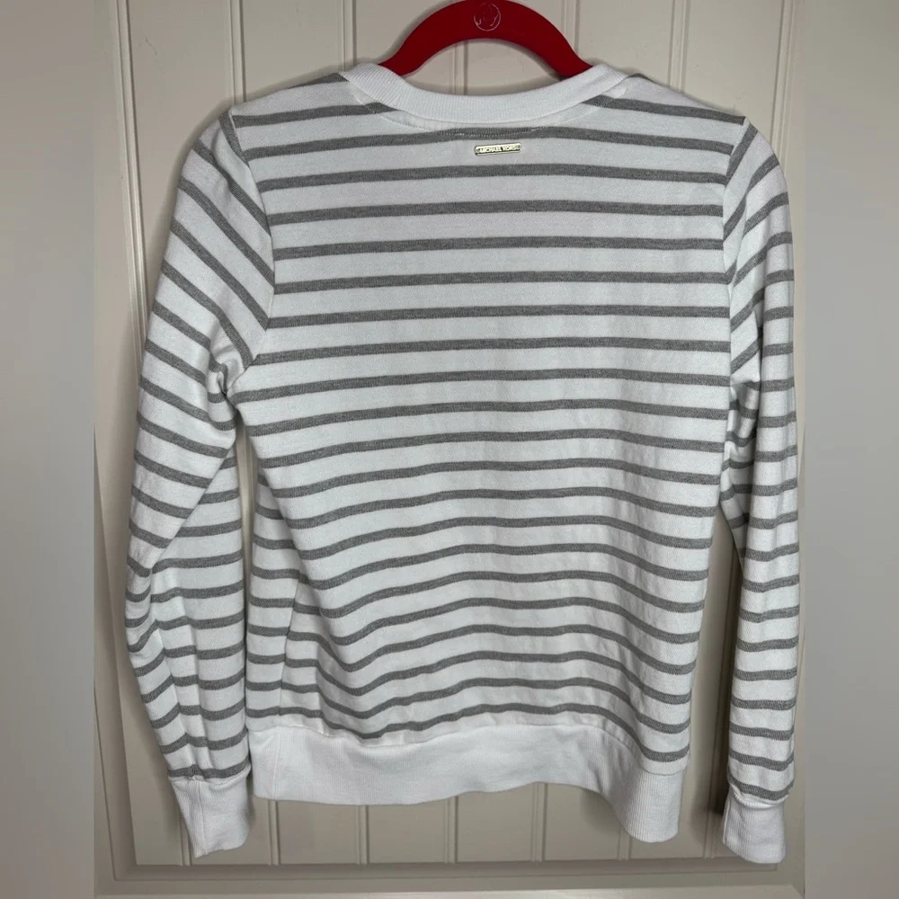 MICHAEL KORS ⭐️ Striped Gray and White Logo Sweatshirt (Women's X-Small)